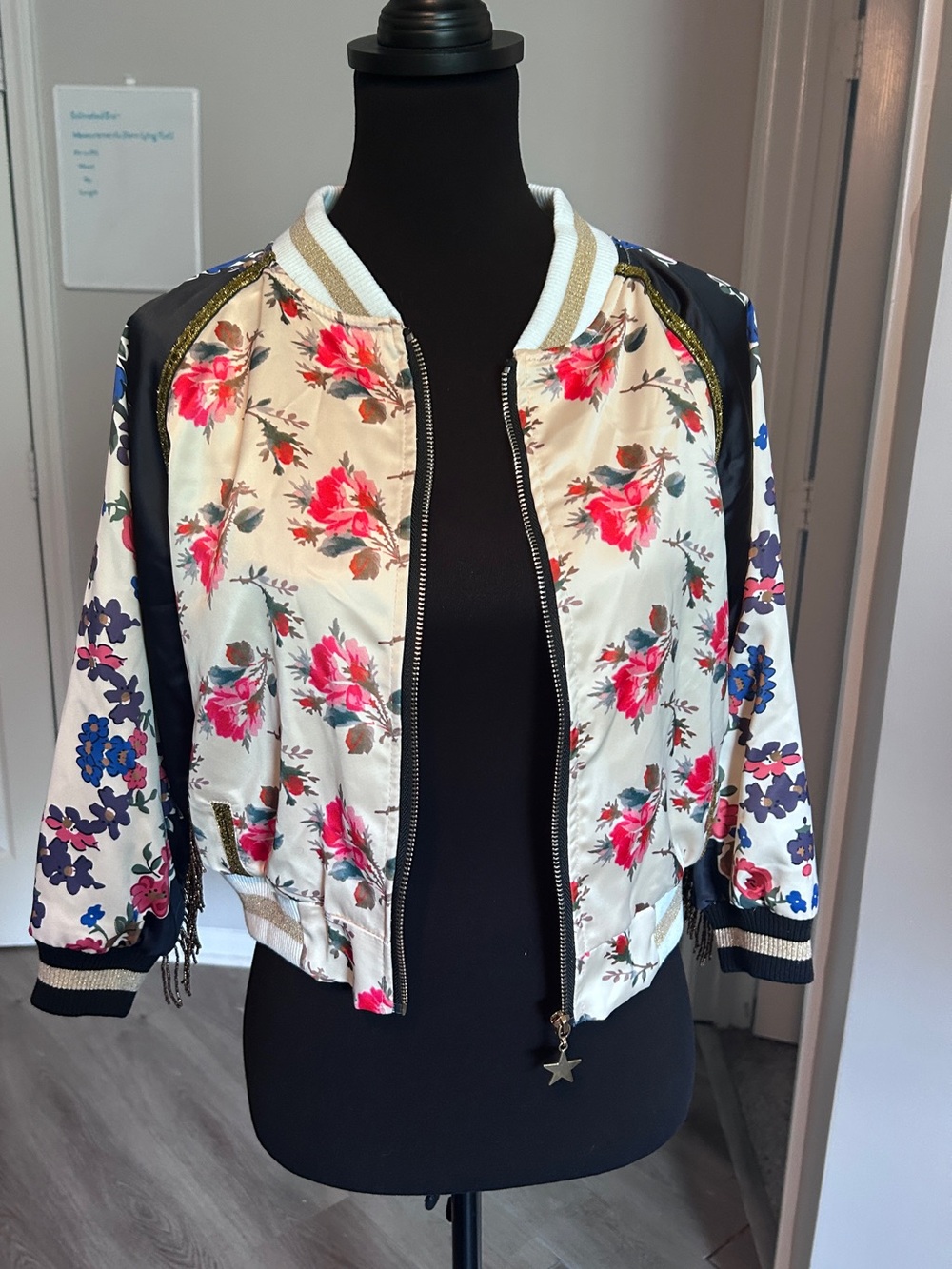 Lola + The Boys Floral Satin Fringe Bomber Jacket Kids Size 12